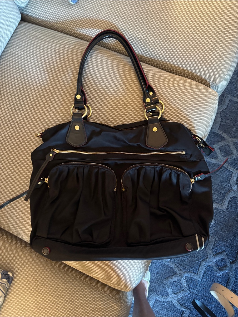MZ Wallace Black Nylon Tote with Front Zip Pockets and Gold Hardware